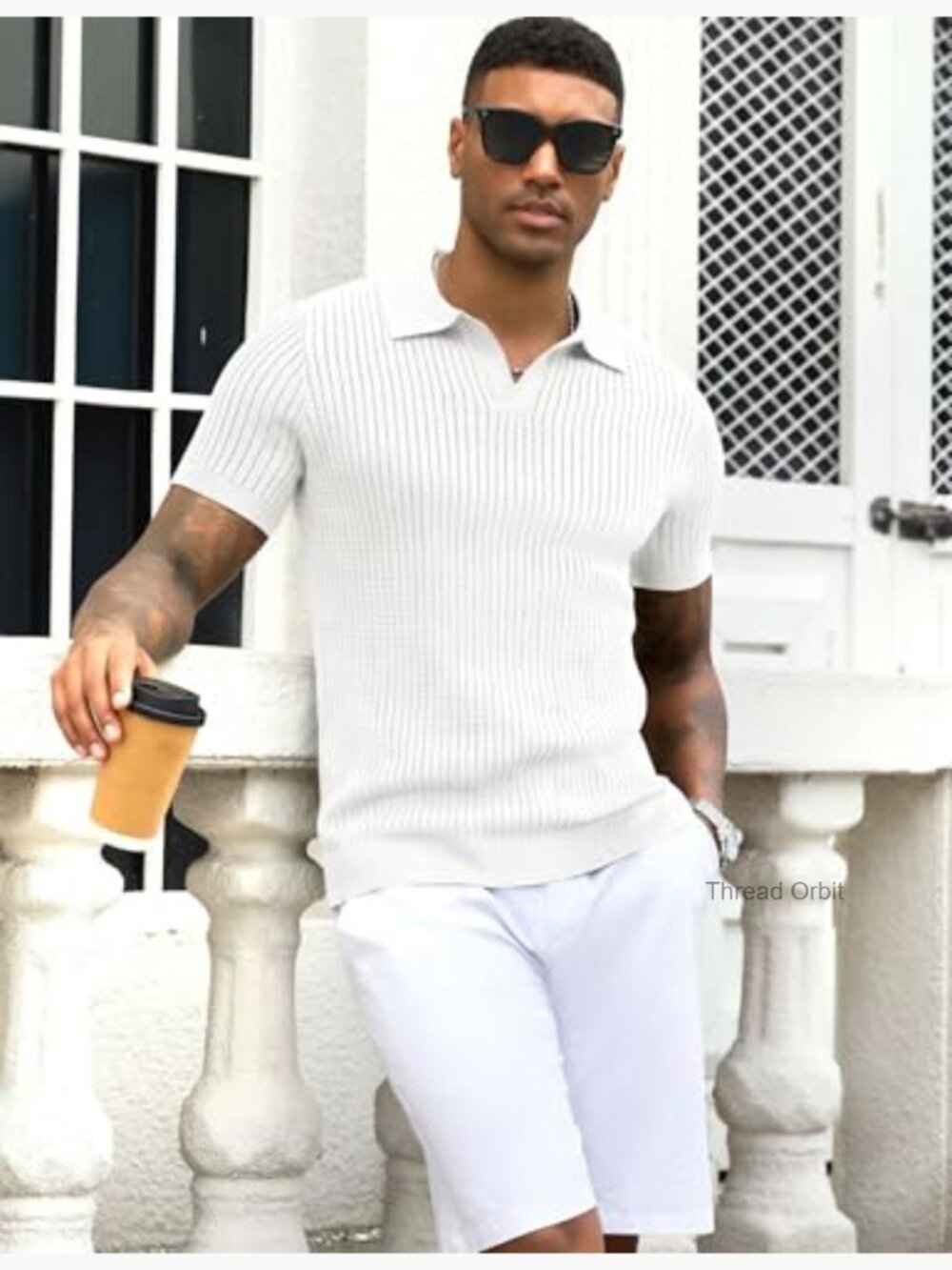 Mens V Neck Polo Shirt Short Sleeve Muscle Hollow Knit Golf Tee - Picture 5 of 7